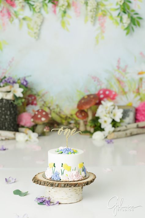 Fairy Cake Smash Session, 1st birthday, one year old, set design, background, prop, girl, dress, french's cupcake bakery Garden Theme Cake Smash, Fairy Cake Smash Photography, Cake Smash Fairy Theme, Whimsical Cake Smash, One Year Old Fairy Photoshoot, Whimsical First Birthday Photoshoot, Fairy Birthday Smash Cake, Fairy First Cake Smash, Fairy Garden Cake Smash