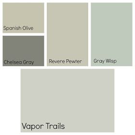 family room, kitchen & foyer in Vapor Trails, dining room is painted Revere Pewter and with the white molding detail in this room, formal living room is also painted this color, office Spanish Olive, bedroom is dreamy Gray Wisp- also known as Restoration Hardware Blue with dark chocolate furniture and white bedding, Chelsea Gray is in hall bathroom Bm Spanish Olive, Gray Wisp, Chocolate Furniture, Trailer Upgrades, House Palette, Interior Paint Colors For Living Room, Interior Paint Colors Schemes, Greenish Grey, Chelsea Gray