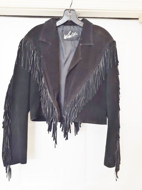 VTG WINLIT Suede Leather Crop Fringe Jacket Black Western Boho Hippie Size S Pink Suede Skirt, Leather Blazer Women, Suede Jacket Women, Hoodie Jacket Women, Suede Trench Coat, Faux Shearling Coat, Leather Jacket With Hood, Brown Suede Jacket, Fringe Jacket