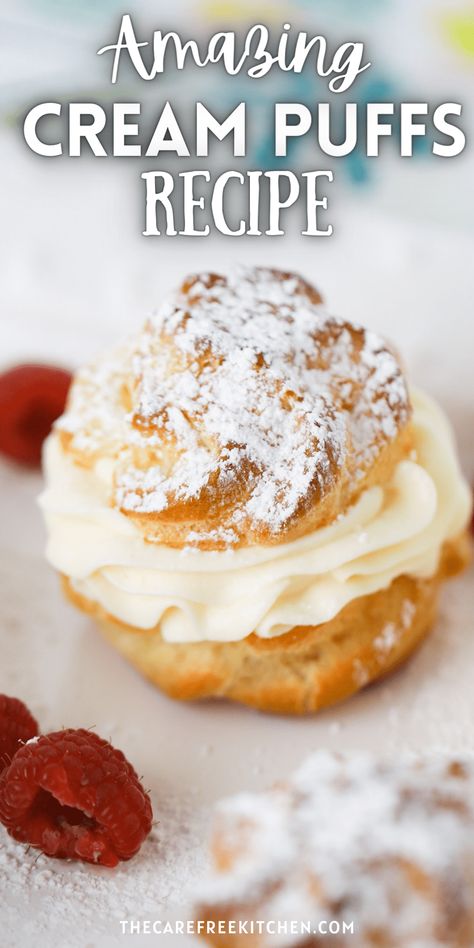 These homemade Cream Puffs are made with a light and fluffy pastry shell and a creamy custard filling. They’re a classic French dessert that’s easier than you might think to make at home. #thecarefreekitchen #creampuffs #pateachoux #french #dessert #choux #pastry #custard Cream Puff Pastry Recipes, Cream Puff Recipes Homemade, Puff Cream Recipe, Cream Puff Recipe Easy, Creme Filled Pastries, Cream Puffs Filling Recipe, Big Cream Puffs, Small Batch Cream Puffs, Cream Fillings Pastry