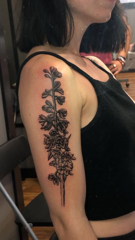 black and white shaded larkspur flower tattoo Larkspur Flower Tattoo Black And White, Larkspur Flower Tattoo, Larkspur Flower Tattoos, July Birth Flower Tattoo, Larkspur Tattoo, Delphinium Flower, Forearm Flower Tattoo, July Birth Flower, Larkspur Flower