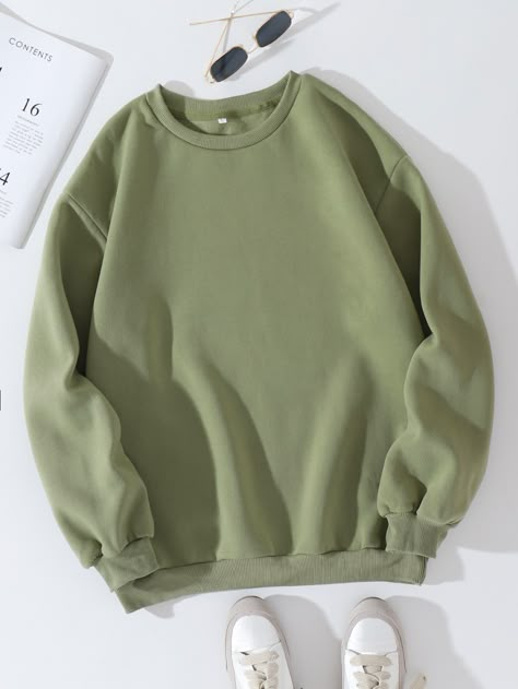 Army Green Casual Collar Long Sleeve Fabric Plain Pullovers Embellished Slight Stretch Fall/Winter Women Clothing Chic Fall Fashion, Loose Top, Round Neck Sweatshirts, Women Sweater, Round Neck Sweaters, Loose Tops, Fall Fashion Outfits, Brown Fashion, Comfortable Outfits