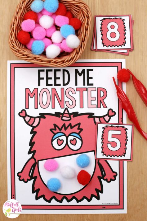 Love Monster Craft Preschool, Love Monster Activities, Abc Monsters, February Preschool, Feed The Monster, Morning Bins, Monster Activities, Snap Cubes, Monster Valentines