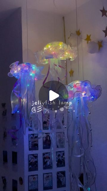 Lilayu on Instagram: "Finally had all the materials for the lamp (I will make a slower tutorial) #fyp #diy #jellyfish #lamp #cute #aesthetic #ocean #light #roomdecor #giftideas #room #hollogram #pearls #anime #princessjellyfish #art #artwork #craft #fish #aquarium #sea #wave #lilayuart" Jellyfish Lamp Diy, Diy Jellyfish Lantern, Jellyfish Lights Diy Hanging Lamps, Jelly Fish Lantern, Jellyfish Lantern, Diy Jellyfish, Glass Fish Bowl, Jellyfish Lamp, Jellyfish Light