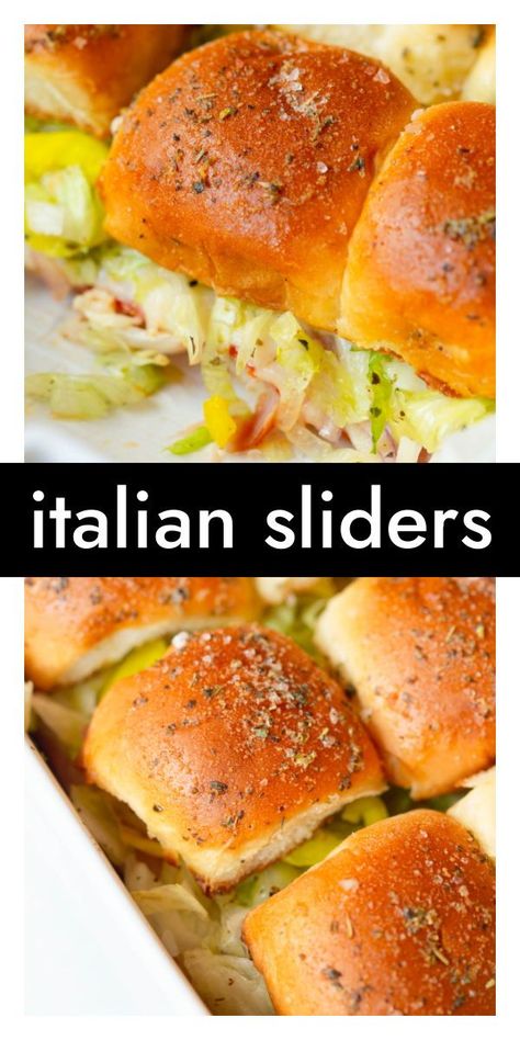 Italian Sliders are warm sandwiches made with Hawaiian roll sliders, filled with ham, salami, provolone cheese, banana peppers, lettuce, and Italian dressing. The rolls are brushed with an Italian seasoned butter. These are perfect for an easy lunch, dinner or game day appetizer! Warm Sandwiches, Italian Sliders, Slider Recipe, Hawaiian Roll Sliders, Seasoned Butter, Banana Peppers, Hair Natural Color, Hawaiian Sweet Rolls, Simple Breakfast