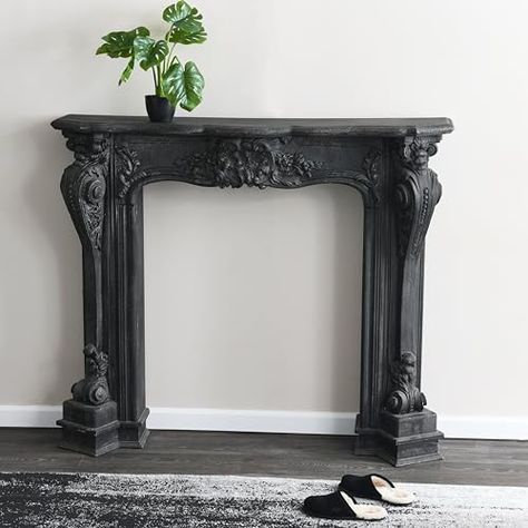 Black Faux Fireplace Mantel, Fireplace Mantles Ideas, Modern Gothic Decor, Vintage Fireplace Mantle, Gothic Farmhouse Decor, Victorian Fireplace Mantels, Painted Fireplace Mantels, Ornate Fireplace, French Fireplace Mantel