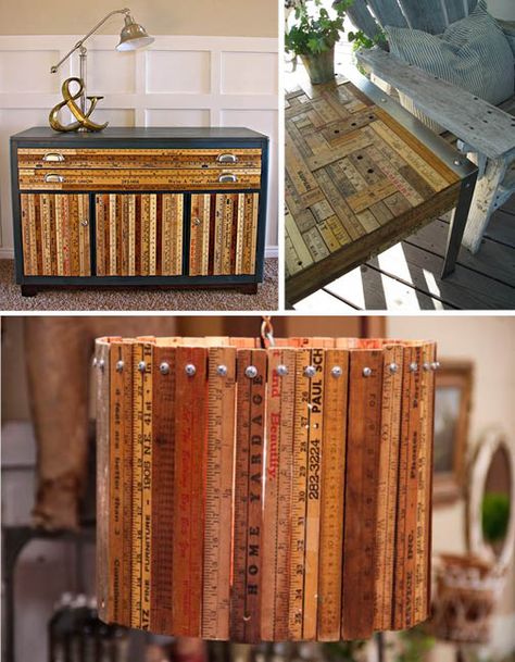 Recycle Furniture Ideas Diy Projects, Yardstick Display, Yard Stick Crafts, Yardstick Crafts, Ruler Art, Refurbished Table, Stick Furniture, Ruler Crafts, Let Me Think