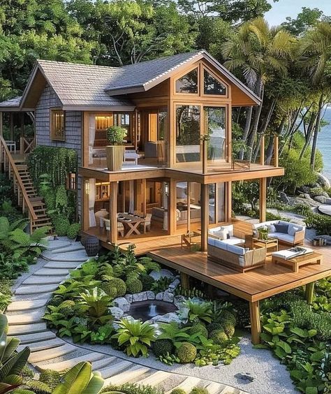 Tropical Cottage House, Island House Exterior, Small House Layout, Sims 4 House Plans, House On Stilts, Casas The Sims 4, House Outside Design, Village House Design, Unique Houses