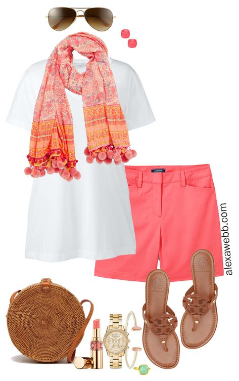 A no-fail “formula” for spring and summer outfits: printed scarf + white t-shirt + coordinating color shorts or pants.  This plus size coral shorts outfit is a really easy way to look casually put together and stay cool.  If you want to see more ways to wear coral shorts, go here, here, and here. Plus Size… Read More Coral Shorts Outfit, Polyvore Plus Size, Alexa Webb, Coral Shorts, Shorts Plus Size, Curvy Style, Summer Shorts Outfits, Shorts Outfits, Summer Work Outfits