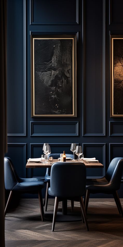 Luxury Hotel Bar Design, Peaky Blinders Bedroom, Classy Restaurant Design, Jazz Interior Design, Hotel Room Design Boutique, Moody Restaurant Interior, Navy Blue Restaurant, Navy Mood Board, Navy Bar