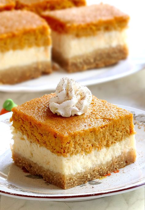 Pumpkin Pie Cheesecake Bars are everything you love about spiced pumpkin pie and tangy cheesecake, just packed into one sweet dessert. Pumpkin Pie Cheesecake Bars, Pumpkin Cheesecake Bars, Pumpkin Pie Cheesecake, Pie Cheesecake, Pumpkin Pie Bars, Cheesecake Bar Recipes, Easy Pumpkin Pie, Cheese Pumpkin, Pie Bar