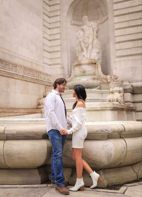 New York public library couple engagement photoshoot in front of water fountain Fountain Wedding Photos, Library Couple, Couple Engagement Photoshoot, Fountain Wedding, Wedding Pose, New York Public Library, Pose Ideas, Wedding Poses, Engagement Photoshoot