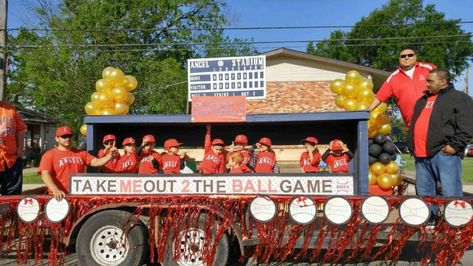 Angels baseball parade float Baseball Themed Parade Floats, Baseball Homecoming Float, Parade Float Seating Ideas, Softball Parade Ideas, Baseball Christmas Parade Float Ideas, Baseball Parade Truck Ideas, Baseball Christmas Float Ideas, Sandlot Parade Float, Softball Christmas Parade Float Ideas