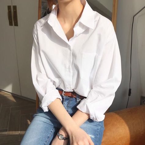 #kfashion, #ootd Chic Button Down Shirt Outfit, White Button Up With Jeans Outfit, Loose Button Up Shirt Outfit Women, White Shirt Blue Jeans Outfit Women, Denim White Outfit, White Shirt With Blue Jeans, White And Denim Outfits, Jeans And White Shirt Outfit, White Shirt And Denim Jeans