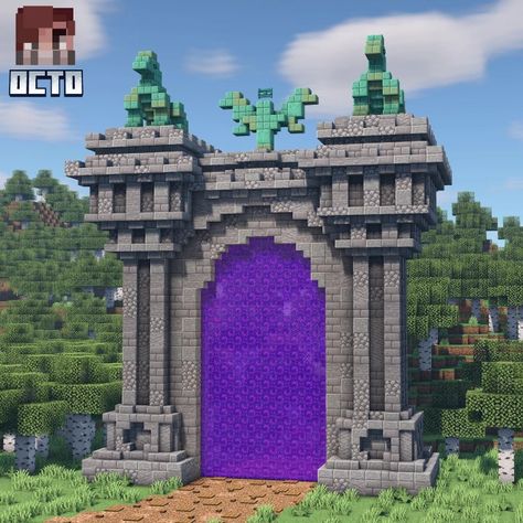 Medieval Portal Minecraft, Door Minecraft Design, Minecraft Stone Entrance, Minecraft Medieval Portal Design, Giant Nether Portal Design, Portal Minecraft Design, Nether Portal Building, Minecraft Terracotta Pattern, Minecraft Castle Door