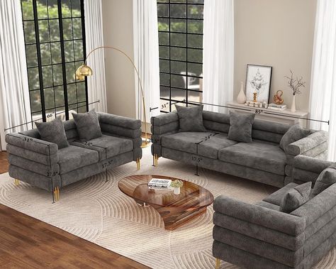 AMERLIFE Sofa, Oversized Sofa- 2 Piece Set Sofa Couch, 3 Seater Sofa, Comfy Loveseat for Living Room- Bouclé Deep Seat Sofa Grey #couch #homedecor #furniture #Greycouch #Modernliving Apartment Family Room, Couch 3 Seater, Oversized Sofa, Deep Seat Sofa, Couch With Ottoman, Sofa And Loveseat Set, 3 Piece Sofa, Set Sofa, Couch Set