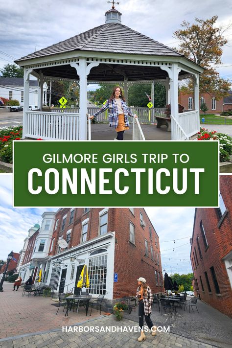 Top photo shows a woman standing in a gazebo. Bottom photo shows a woman walking around the corner of a brick building. A text overlay in the middle says, Gilmore girls trip to Connecticut. Connecticut Road Trip, New England Must See Destinations, Mother Daughter Road Trip Ideas, Connecticut Bucket List, Gilmore Girls Road Trip, Gilmore Girls Trip, Gilmore Girls Connecticut Trip, Gilmore Girls Town, Groton Connecticut