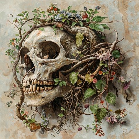 Where endings and beginnings intertwine, nature carves its own path. 🌿🌸💀 #naturesculpture #lifeanddeath #skullart #overgrown #wildbeauty #floralart #vines #ivy #berries #wildflowers #botanicalillustration #naturalworld #growth #decay #cycleoflife #naturetakesover #wallart #textured #rusticcharm #eclecticart #homedecor #artisticshare #biophilicdesign #interiordetails #earthinspired #capturedmoments #timelessbeauty #sustainableart #photographylovers #dailyart Decay Aesthetic Dark, Growth And Decay Photography, Growth And Decay Art, Decay Artwork, Overgrown Skull, Decay Aesthetic, Graveyard Garden, Ivy Berries, Skull Images