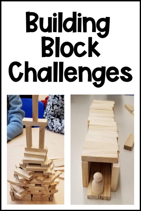 Two structures made from building blocks fill the pin.  One appears to be a twisted staircase leading to a tall tower structure.  The other structure resembles a tunnel or cave made from the blocks with a wooden person standing at the front. Blocks Activities Preschool, Blocks Activities, Simple Stem Challenges, Activities For Kindergarten Children, Simple Stem Activities, Stem Activities Kindergarten, Stem Building, Building Challenge, Escape Room Puzzles