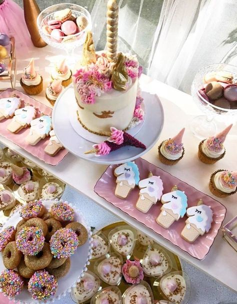 first-unicorn-birthday-party-dessert-table Birthday Party Desserts, Party Dessert Table, Shower Desserts, First Birthday Party Decorations, Baby Shower Desserts, Gateaux Cake, Cakes And Cupcakes, Kids Party Themes, Snacks Für Party