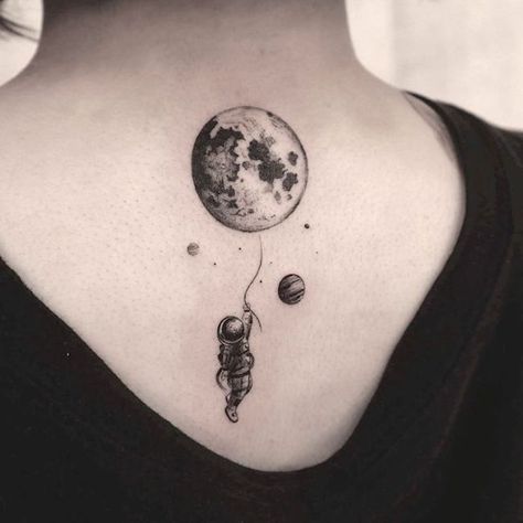 Astronaut and moon tattoo by @bo2_ta2 Moon Tattoo On Black Women, Reaching For The Moon Tattoo, Moon Men Tattoo, Man In The Moon Tattoo Designs, Moon And Astronaut Tattoo, Planet And Moon Tattoo, Astronaut Moon Tattoo, Moon And Planets Tattoo, Full Moon And Stars Tattoo