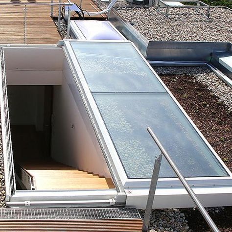 Image 2 of 4 from gallery of Flat Roof Access Hatch Comfort Solo | LAMILUX. LAMILUXRoof Exits Rooftop Access, Roof Access Hatch, Steel Stairs Design, Roof Hatch, Terrace Ideas, Steel Stairs, Garden Suite, Compact Living, Outdoor Decor Backyard