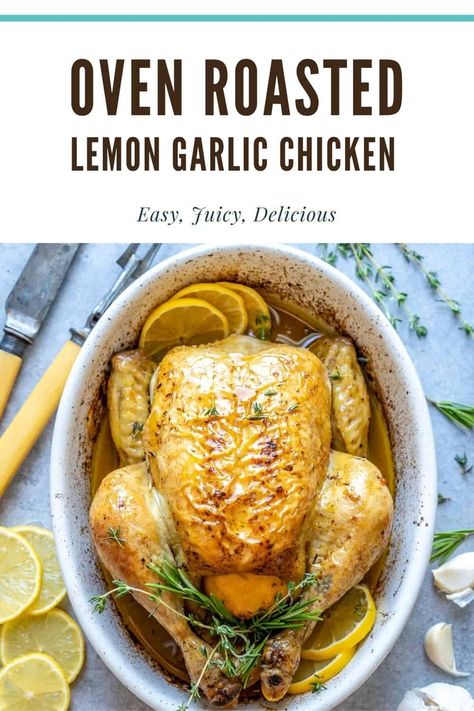 Crispy, juicy, and full of flavor, this Lemon Garlic Oven Roasted Chicken is a delicious twist on the classic chicken roast. It's so easy to make and the perfect weekend dinner! #roastchicken #wholechickenroast #chickenrecipe Lemon Garlic Roasted Chicken, Whole Lemon Chicken, Garlic Whole Chicken, Lemon Roast Chicken, Garlic Oven, Oven Roasted Whole Chicken, Roasted Whole Chicken, Whole Baked Chicken, Lemon Roasted Chicken