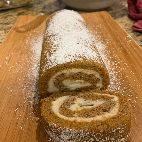 Pumpkin Roll with Ginger and Pecans Vegan Pumpkin Roll, Pumpkin Cake Filling, Midnight Munchies, Pumpkin Rolls Recipe, Thanksgiving Desserts Table, Pumpkin Pie Mix, Pumpkin Roll, Jelly Roll Pan, Vegan Pumpkin