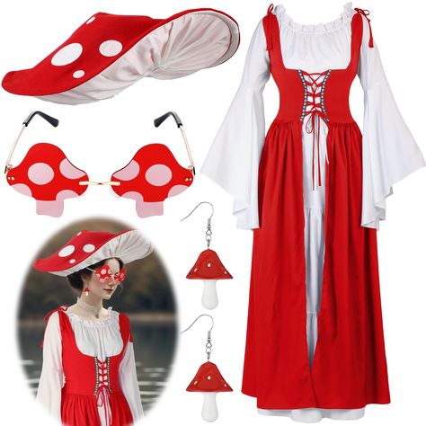 PRICES MAY VARY. Authentic Renaissance Costume Set: transform into a Renaissance beauty by wearing our traditional Viking dress with elegant flared sleeves and a corset-style lace-up bodice; The set also includes a mushroom hat for easy storage, a pair of mushroom earrings, and a pair of mushroom-shaped glasses Quality Material: our medieval renaissance costume is made from a reliable polyester and spandex blend, equipped with soft and comfortable adjustable straps to ensure it fits all body typ Mushroom Outfit, Victorian Fairy, Mushroom Costume, Fairy Halloween Costumes, Viking Dress, Plus Size Halloween Costume, Ren Fest, Mushroom Hat, Glamorous Outfits