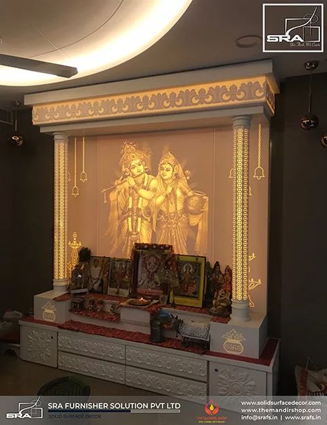 Radha-Krishna-Big-Mandir-In-Corian Corian Temple, Temple Room, Pooja Door Design, Mandir Design, Temple Design For Home, Pooja Room Door Design, Pooja Room Design, Room Door Design, Puja Room