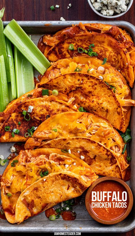 A silver serving tray filled with buffalo chicken tacos, celery sticks, and extra buffalo sauce for dipping. Healthy Buffalo Chicken Tacos, Things To Make With Buffalo Sauce, Buffalo Tacos Chicken, Buffalo Chicken Dip Tacos, Buffalo Chicken Tacos Crockpot, Buffalo Sauce Meals, Football Chicken Recipes, Buffalo Chicken Breast Recipes, Recipes With Buffalo Sauce