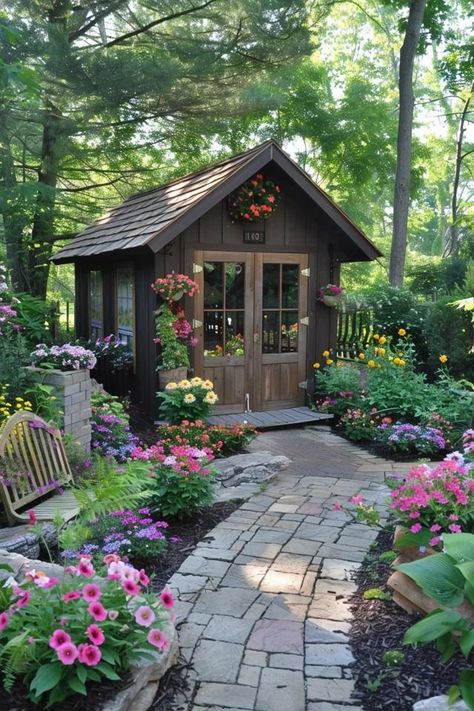 Charming Landscaping Ideas Around Sheds Guide Backyard Landscaping Around Shed, Landscape Around Deck Ideas, 8x10 Garden Shed, Shed Placement In Yard, Garden Shed Aesthetic, Backyard Cottage Ideas, Outdoor Shed Landscaping Ideas, Garden She Shed Ideas, Cute Sheds Cottage Style