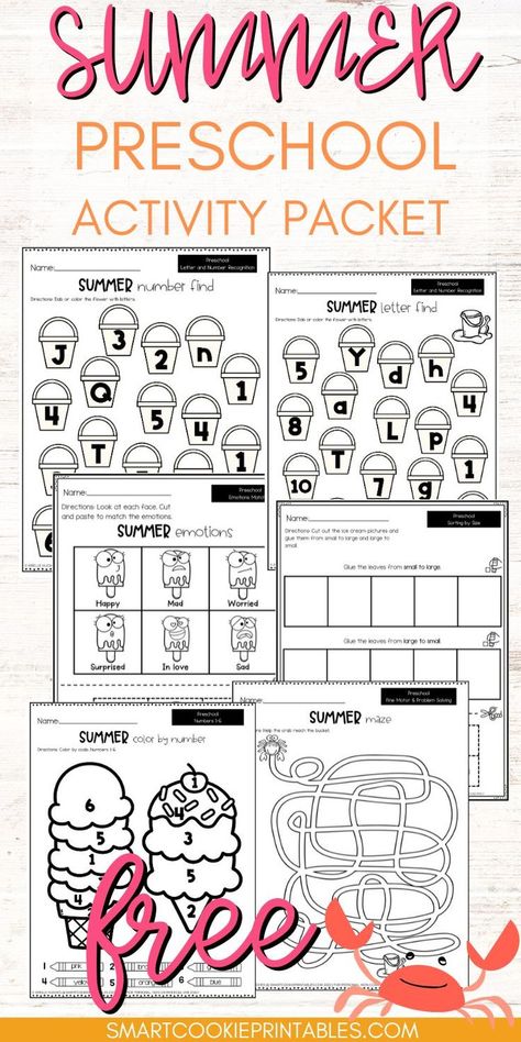 6 Preschool Summer printables PDF Summer Packet, Free Summer Activities, Emotions Preschool, Summer Preschool Activities, Summer Kindergarten, Preschool Names, Summer Worksheets, Kindergarten Freebies, Social Emotional Activities