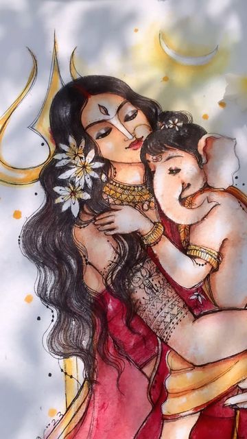 Ganesha with Mata Gauri . SHubh Ganesh Chaturthi Ganesh Chaturthi Drawing, Mahisasur Mardini, Mata Drawing, Lord Painting, Ganesh Pooja, Ganesh Lord, Shiva Parvati, Baby Ganesha, Kalamkari Painting