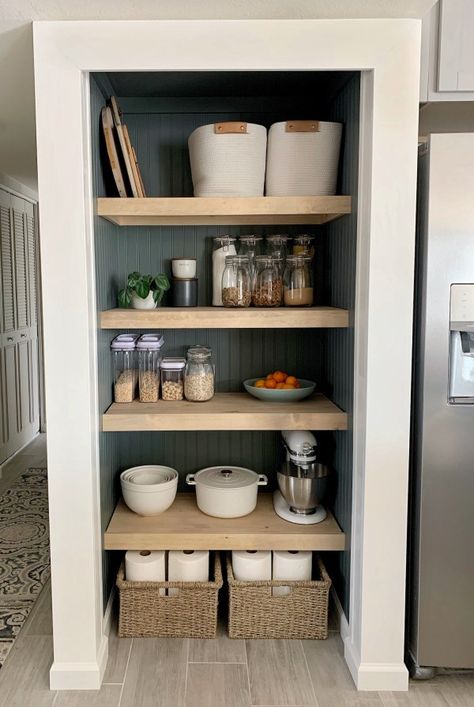 Pantry Space In Small Kitchen, Wooden Shelf Pantry, Pantry Nook Ideas, Small Open Pantry, Pantry With No Door, Small Pantry Closet Design, Wooden Pantry Shelves, Small Pantry Remodel, Small Closet Pantry Ideas