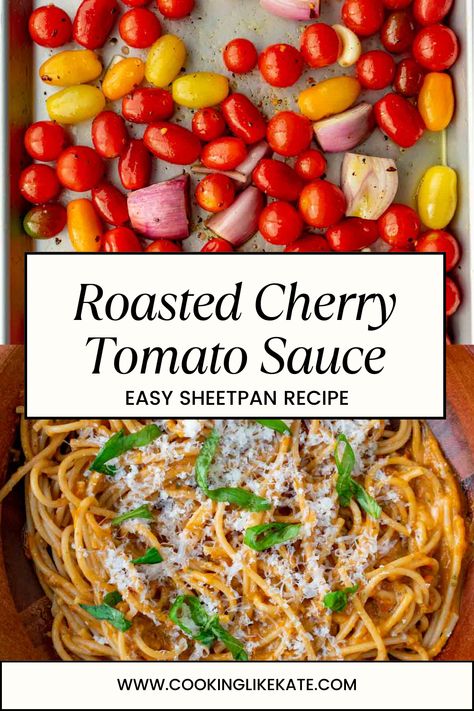 This roasted cherry tomato sauce is a delightful fresh tomato recipe that transforms simple ingredients into a rich and flavorful homemade spaghetti sauce. As a sheet pan recipe, this roasted tomato sauce captures the essence of fresh tomatoes in every bite, perfect for an easy and delicious pasta night. Sheet Pan Tomato Sauce, Sheet Pan Pasta Sauce, Easy Cherry Tomato Recipes, Recipes For Cherry Tomatoes, Roasted Cherry Tomatoes Pasta, Recipes Using Cherry Tomatoes, Recipes With Cherry Tomatoes, Cherry Tomatoes Recipes, Roasted Cherry Tomato Pasta