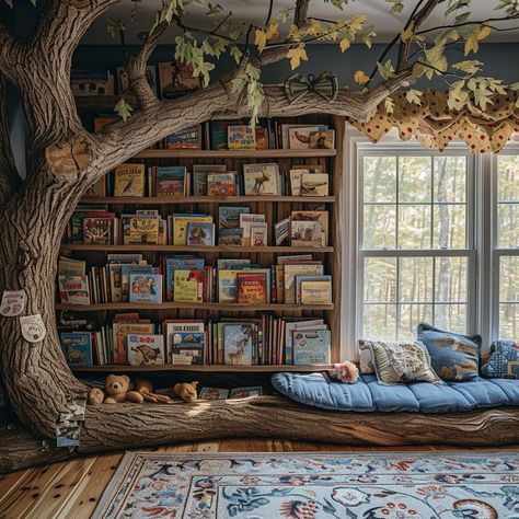 "Enchanted Reading #Nook: Charming #Cozy corner with a bookshelf #Tree, inviting #Cushions, and a serene atmosphere for #Reading. #BookLovers #HomeDecor #AIArt #AIPhoto #Stockcake ⬇️ Download and 📝 Prompt 👉 https://stockcake.com/i/enchanted-reading-nook_212108_38901". Kids Tree Bookshelf, Story Book Bedroom, Circular Reading Nook, Cozy Corner Chair Ideas, Garden Reading Area, Built In Book Nook, Child Reading Nook, Fantasy Reading Nook, Children Reading Corner