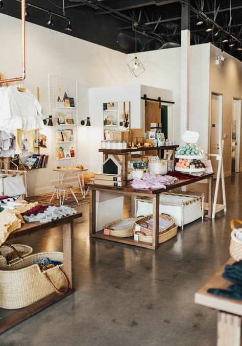 Black And White Walls, Baby Store Display, Boutique Layout, Draper Utah, Exposed Ceilings, Clothing Store Interior, Store Design Boutique, Retail Store Design, Store Design Interior