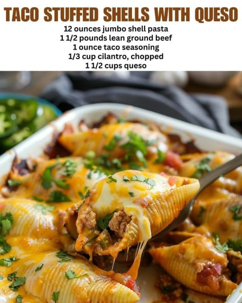 Taco Stuffed Shells with Queso Taco Stuffed Shells With Queso, Stuffed Shells Crockpot, Jumbo Shell Recipes, Mexican Stuffed Shells, Dessert Taco, Mexican Night, Shells Recipe, Pasta Shells, Slow Cooker Tacos