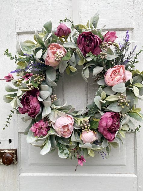 Blush Pink & Mauve Wreath with Lambs Ear, Lavender, Berries, Eucalyptus and Hydrangea wreath. Perfect Mothers Day gift for anyone! Mauve Wreath, Valentines Wreath, Peony Wreath, Lambs Ear Wreath, Peonies Wreath, Eucalyptus Wreath, Hydrangea Wreath, Farm Design, Pink Mauve