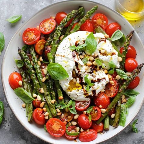 cookefast | Asparagus Tomato Salad with Burrata Cheese | Facebook Salad With Burrata, Burrata Salad, Burrata Cheese, Tomato Salad, Grape Tomatoes, Gordon Ramsay, Cherry Tomatoes, Asparagus, Tomatoes