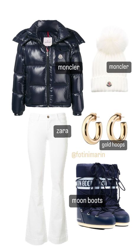 Ski Outfits Aesthetic, Moncler Ski Outfit, Ski Looks Women, Afterski Outfit, Moncler Outfit, Skiing Fits, Moon Boots Outfit, Mode Au Ski, Apres Ski Outfit