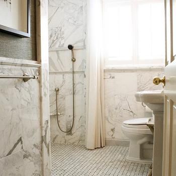 White and Gray Bathrooms Gray Wallpaper Bathroom, Bathroom Wainscoting, Marble Bathroom Floor, Glass Chair, Wainscoting Bathroom, Dining Room Wainscoting, Wainscoting Styles, Shower Glass, Spa Like Bathroom