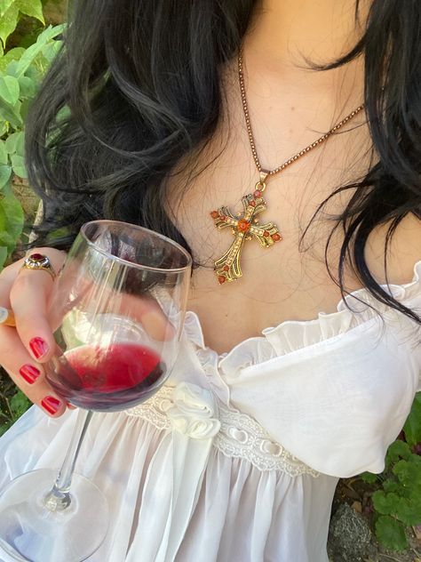 Red Italian Dress, Cross Necklace Outfit Aesthetic, Cross Necklace Outfit, White Slip Dress Outfit, Italian Coquette, Cross Necklace Aesthetic, Visual Gallery, White Slip Dress, Better Style