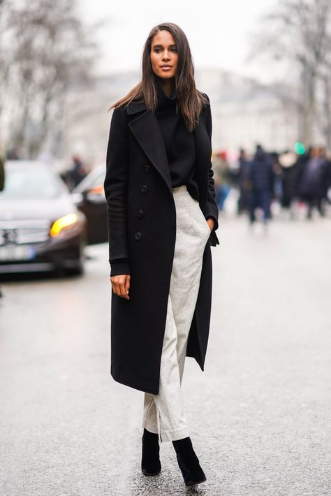 How to Style Sweaters | POPSUGAR Fashion Black Coat Black Boots, Styling Black Coat, Black Coat Styling, How To Style A Coat, How To Style Black Coat, Classic Timeless Fashion, Black And White Coat Outfit, Black Coat Outfit Winter Classy, Black Coat Outfits For Women