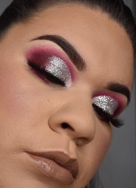 Burgundy And Silver Eye Makeup, Burgundy And Silver Makeup, Pink Silver Eye Makeup, Cheer Eye Makeup, Pink And Silver Eye Makeup, Silver And Pink Makeup, Pink And Silver Eyeshadow, Pink Silver Makeup, Pink And Silver Makeup