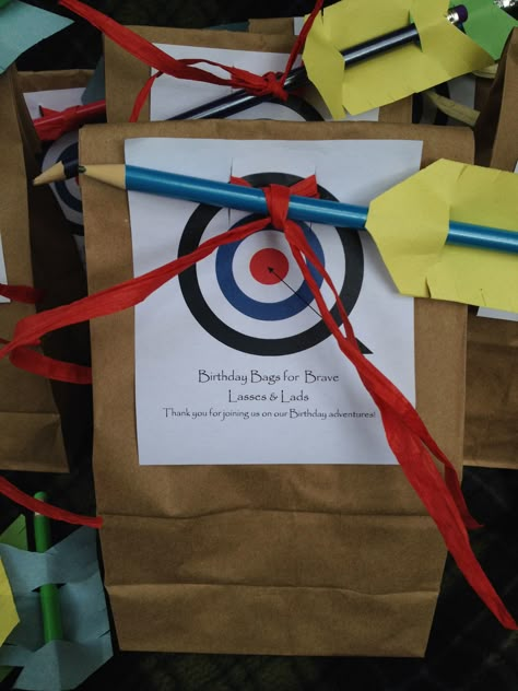 Archery Themed Party, Archery Goody Bags, Archery Party Favors, Robin Hood Themed Party, Medieval Party Favors, Archery Birthday Party Ideas, Archery Birthday Party, Archery Birthday, Merida Birthday Party