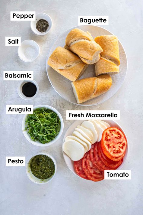 The best Caprese sandwich! Made with chewy baguette or ciabatta bread, pesto, fresh mozzarella and tomato, this easy recipe is one of our favorite lunches! Pesto Caprese Toast, Easy Pesto Sandwich, Sandwich Recipes Baguette, Caprese Ciabatta Sandwich, Caprese Salad Sandwich, Pesto Ciabatta Sandwich, Ciabatta Recipe Sandwich, Baguette Lunch Ideas, Baguette Meal Ideas