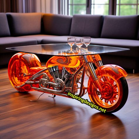 These Harley Davidson Motorcycle Coffee Tables Will Rev Up Your Living Room – Inspiring Designs Biker Decoration Ideas, Motorcycle Furniture Ideas, Harley Davidson Man Cave Ideas, Harley Davidson Furniture, Motorcycle Table, Harley Davidson Decals, Harley Davidson Decor, Biker Stuff, Concept Inspiration