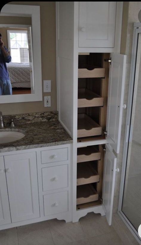 Bathroom Sink Base Cabinet Ideas, Built In Bathroom Hamper, Cabinets On Bathroom Counter, Bathroom Cabinets Built In, Primary Bathroom Storage Ideas, Linen Bathroom Cabinet, Bathroom Tall Storage Cabinet, Bathroom Tower Cabinet Ideas, Bathroom Hamper Cabinet Built Ins